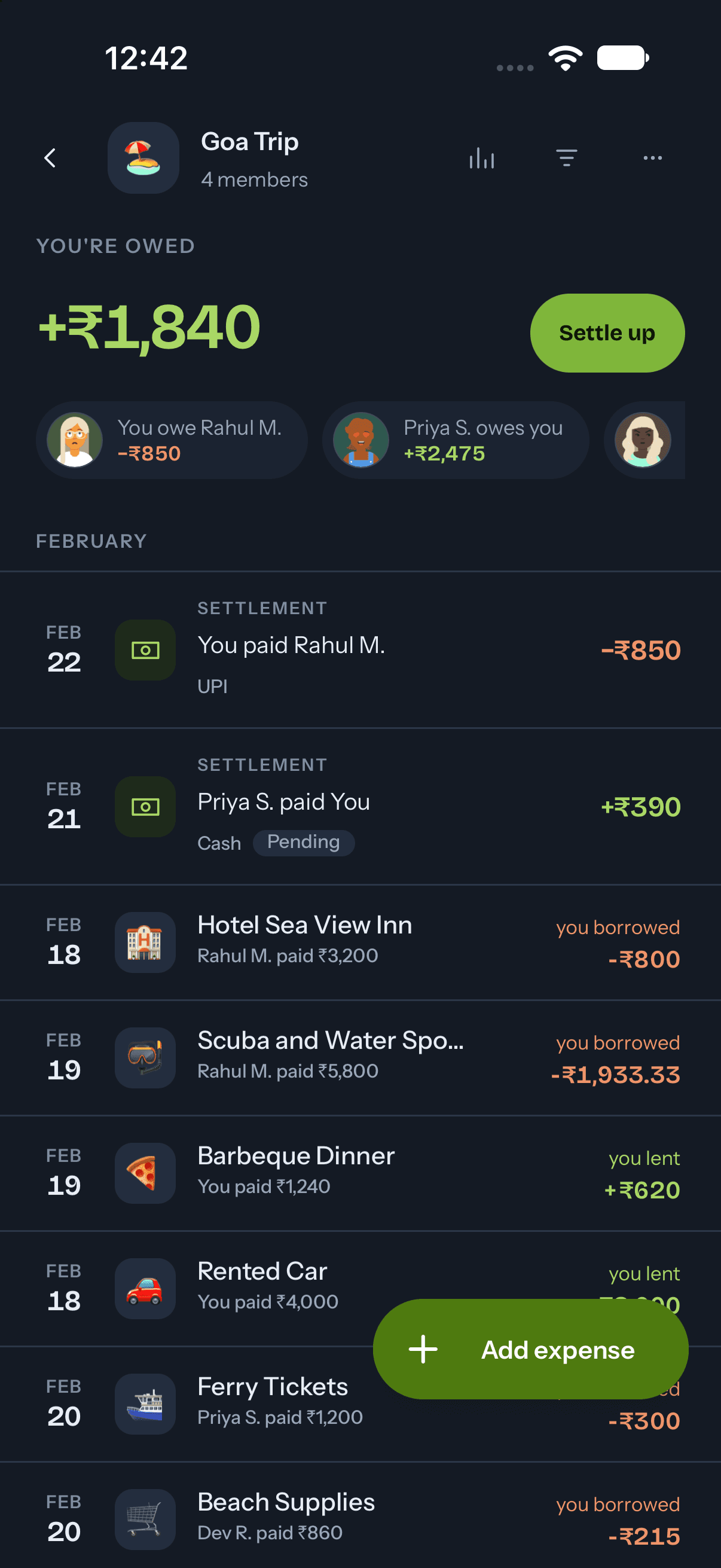 Goa Trip group screen showing your balance and the trip's expenses and settlements