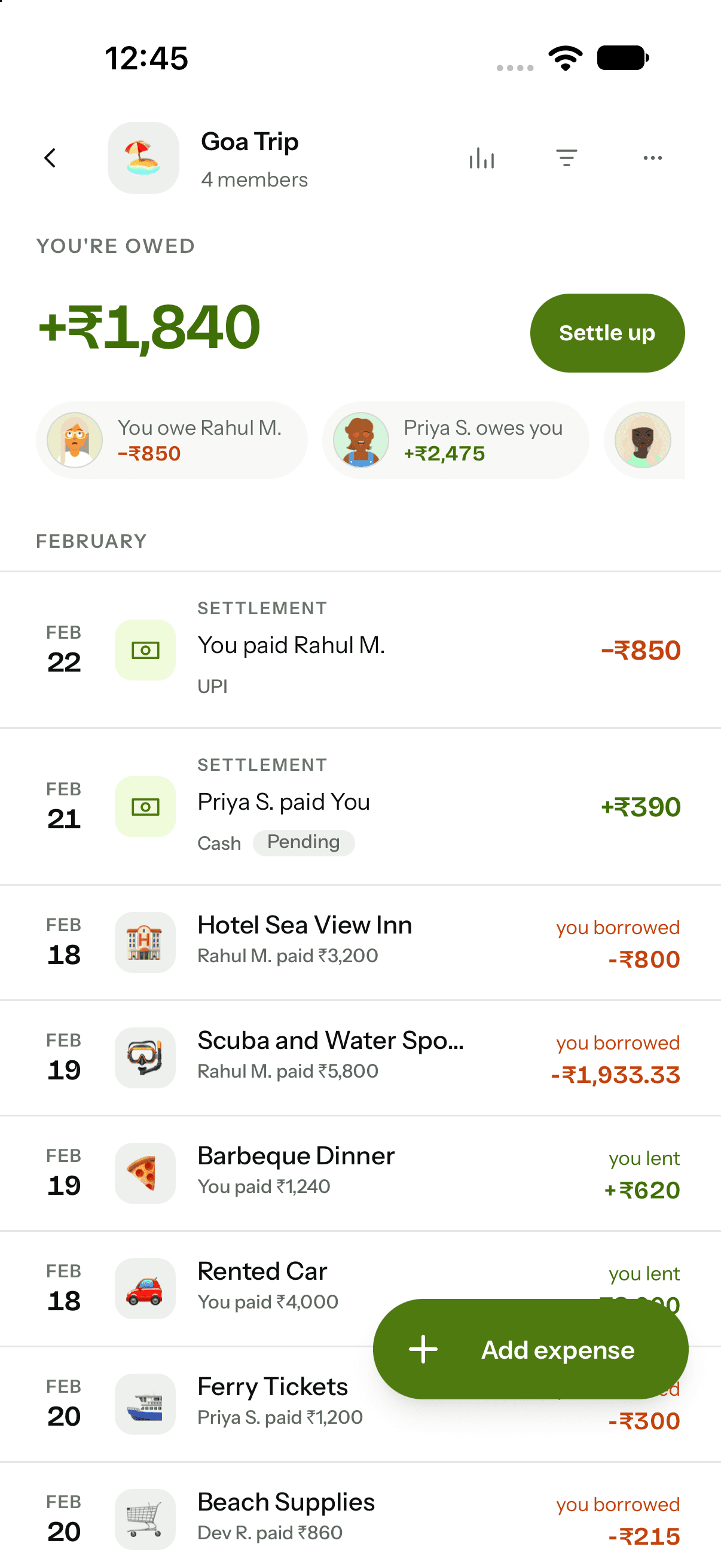 Goa Trip group screen showing your balance and the trip's expenses and settlements