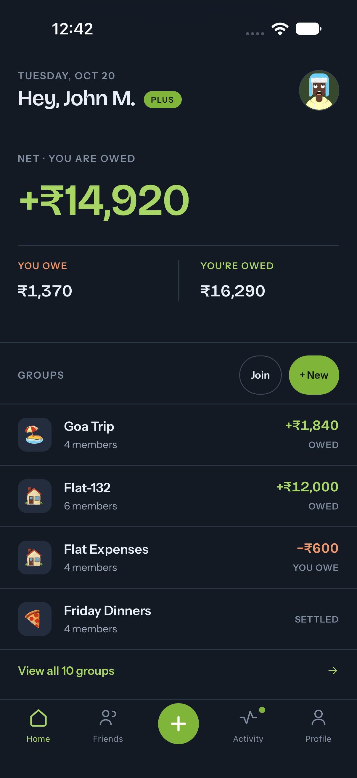 SplitEase home screen showing your net balance, what you owe and are owed, and your groups