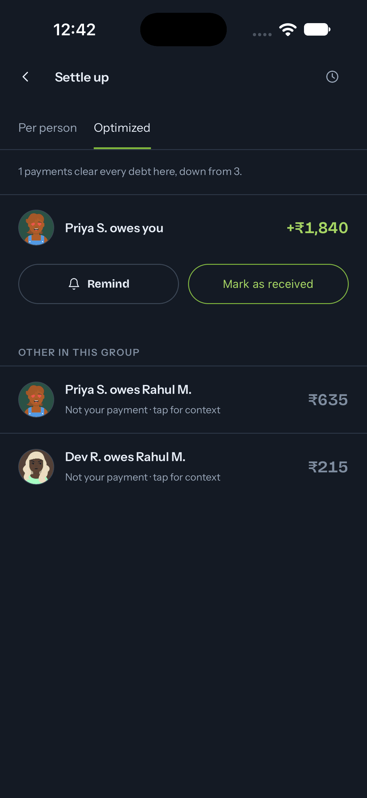 Settle up screen listing who owes whom in a group, with buttons to record or confirm payments