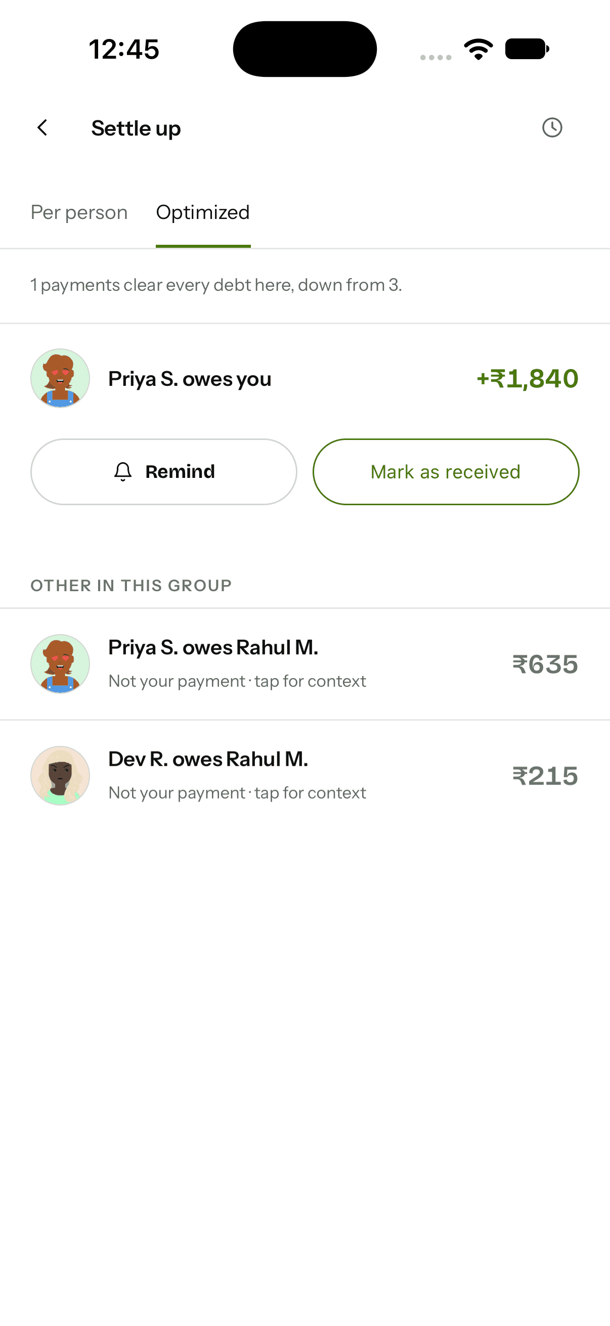 Settle up screen listing who owes whom in a group, with buttons to record or confirm payments