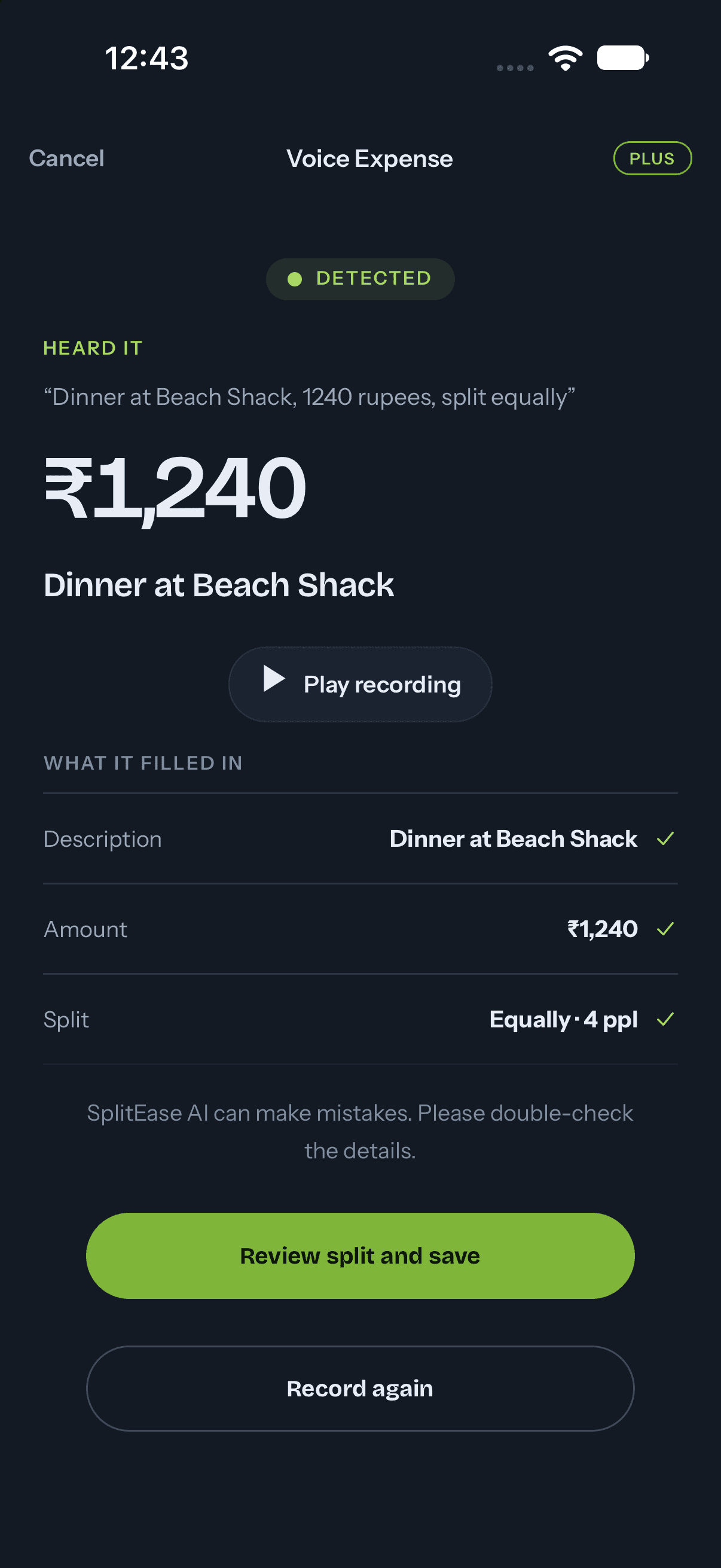 Voice expense screen showing a spoken expense turned into an amount, a description and an equal split