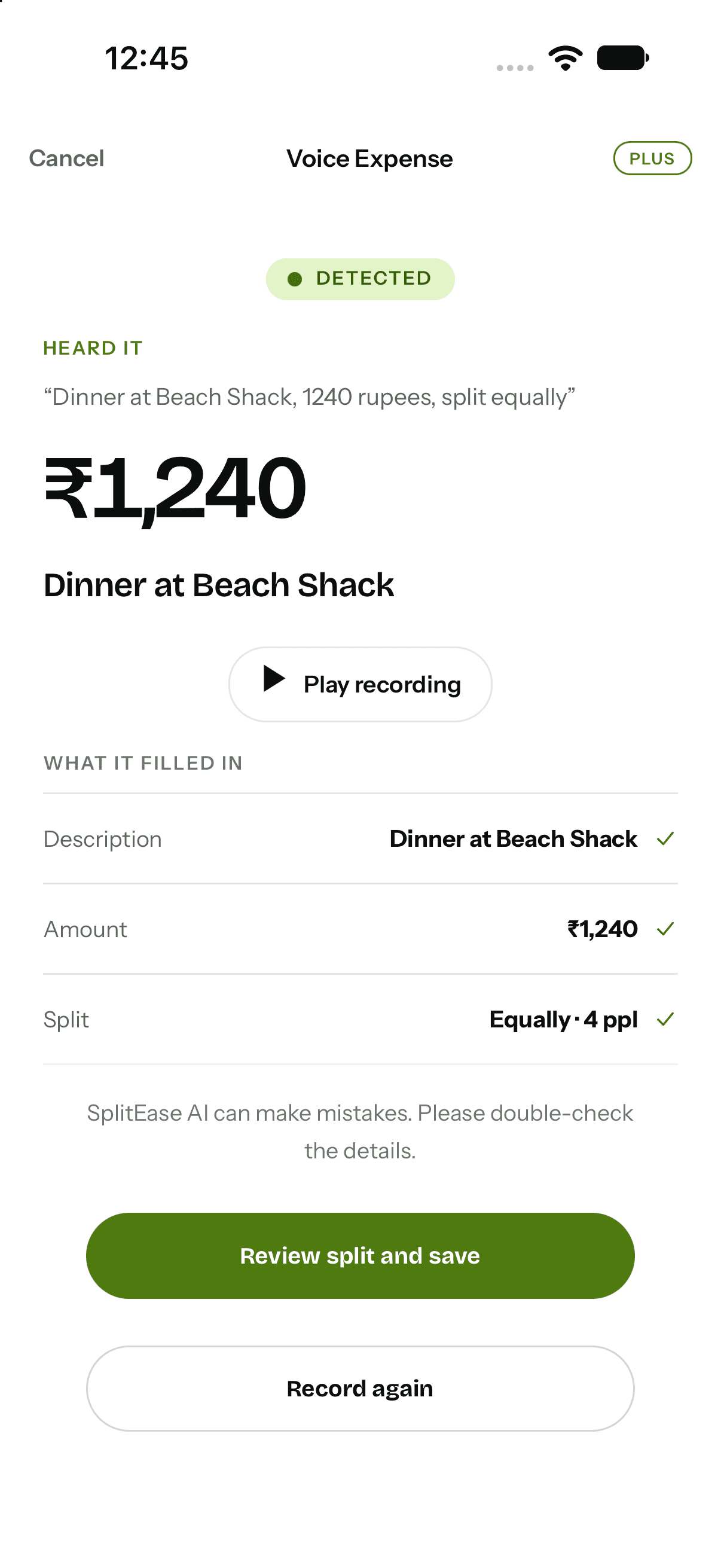 Voice expense screen showing a spoken expense turned into an amount, a description and an equal split